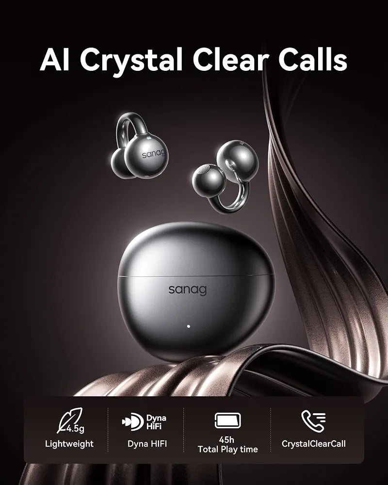 Sanag S7S Ultra Clip-On Open Ear Earbuds,AI Translation Bluetooth 6.0 Headphones, Hi-Fi Bass AI Clear Call 45H Playtime Waterproof Wireless Comfort Lightweight Ear Buds for Running Workout Black