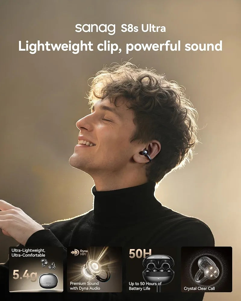 SANAGS8S Ultra Open-Ear Headphones, Clip-On Earbuds Dolby Atmos Support/AI Translation/Bluetooth 6.0, Up to 50 Hours of Playback, IP67 Waterproof, Fully Wireless, Sports, Lightweight, 