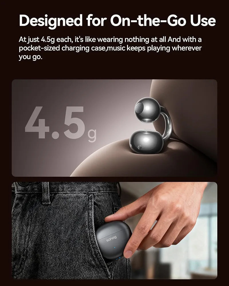 Sanag S7S Ultra Clip-On Open Ear Earbuds,AI Translation Bluetooth 6.0 Headphones, Hi-Fi Bass AI Clear Call 45H Playtime Waterproof Wireless Comfort Lightweight Ear Buds for Running Workout Black